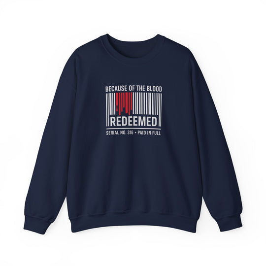 Unisex navy crewneck sweatshirt with barcode-style “REDEEMED” graphic and red ink