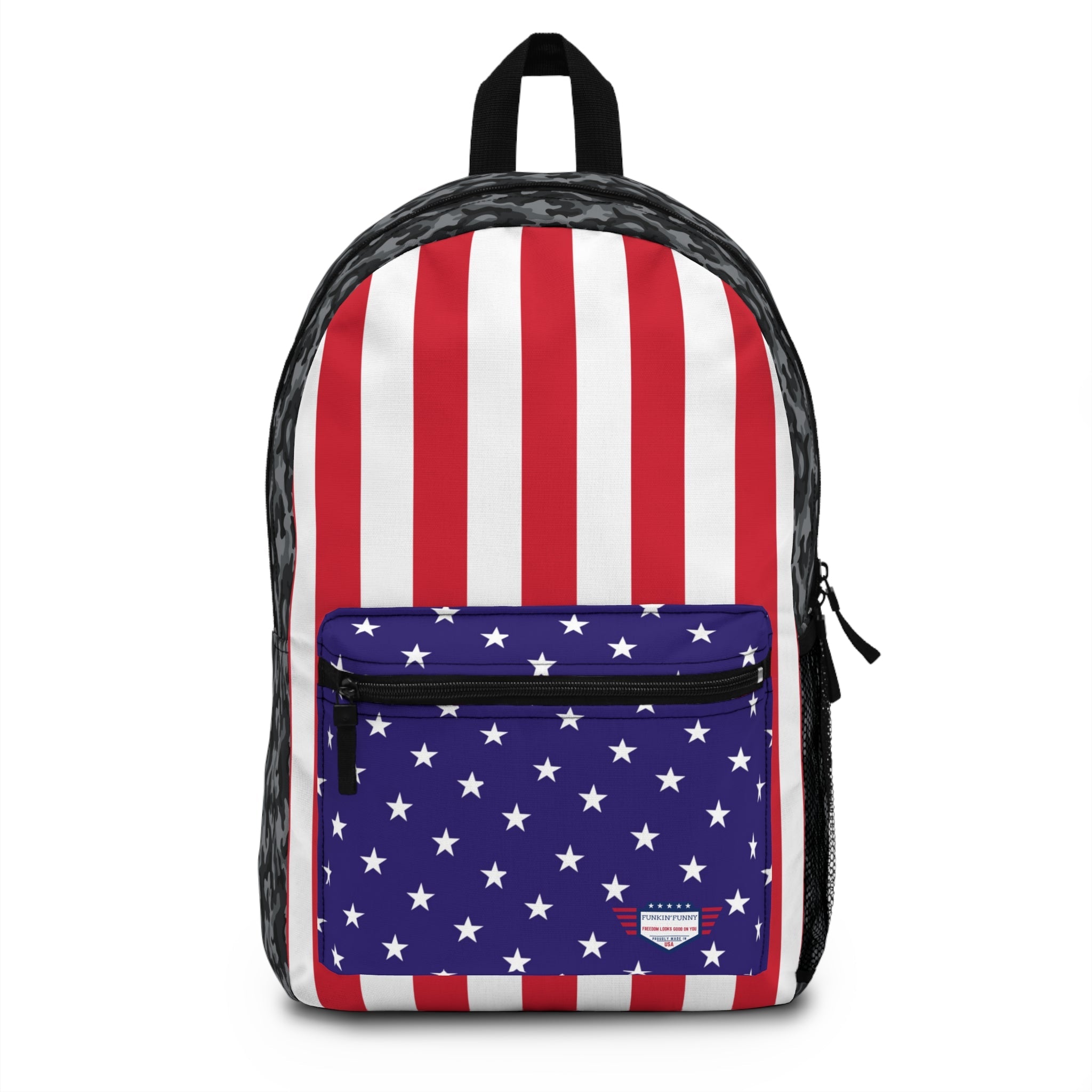 Camo USA backpack: front pocket with red-white stripes and star panel