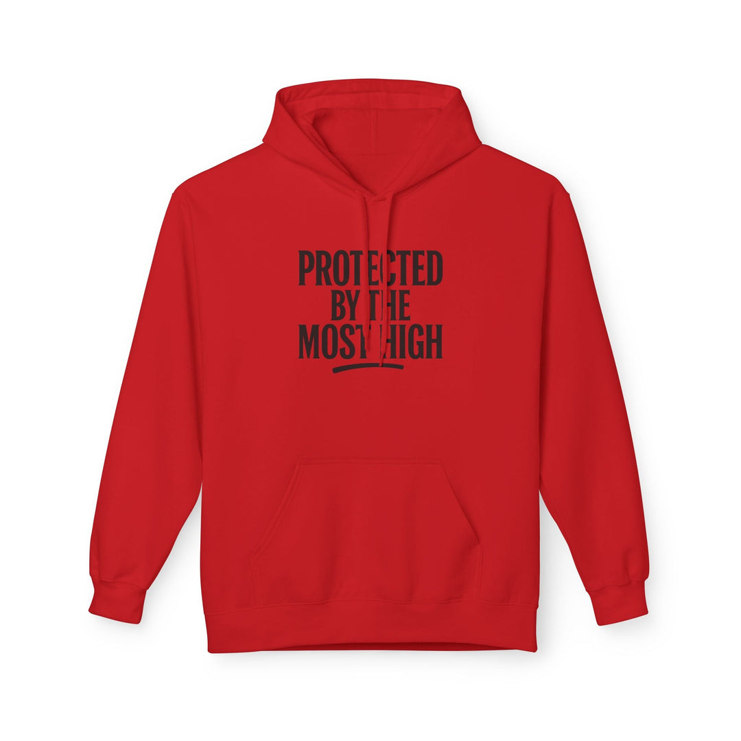 Red hoodie with “PROTECTED BY THE MOST HIGH” front print