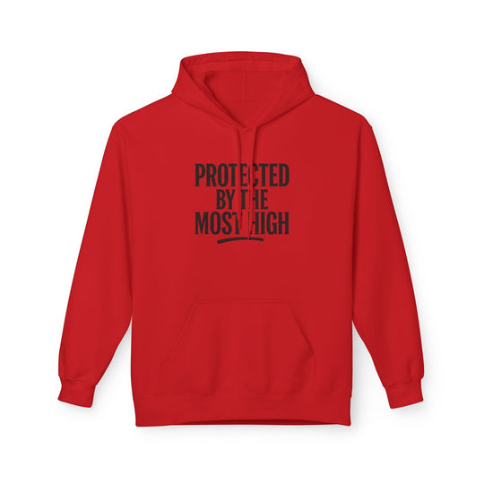 Red hoodie with “PROTECTED BY THE MOST HIGH” front print