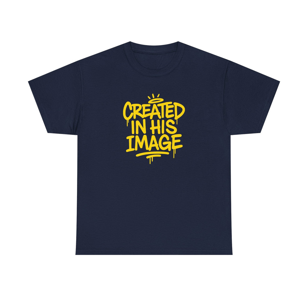 Navy T-shirt with “Created In His Image” yellow graphic