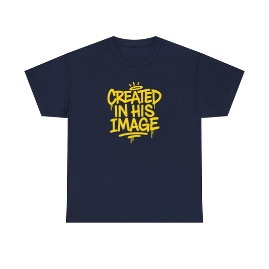 Navy T-shirt with “Created In His Image” yellow graphic
