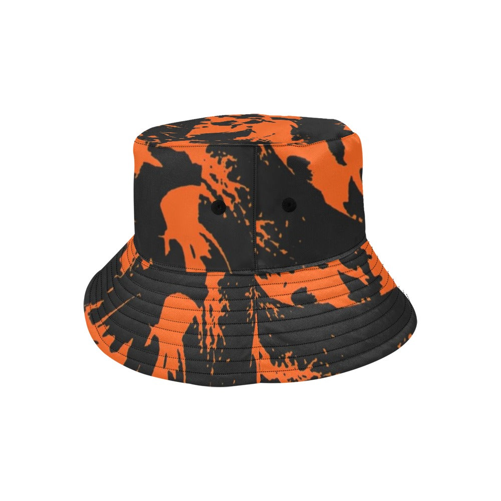 Black and orange bucket hat with paint-splatter graffiti, front panel and snap detail