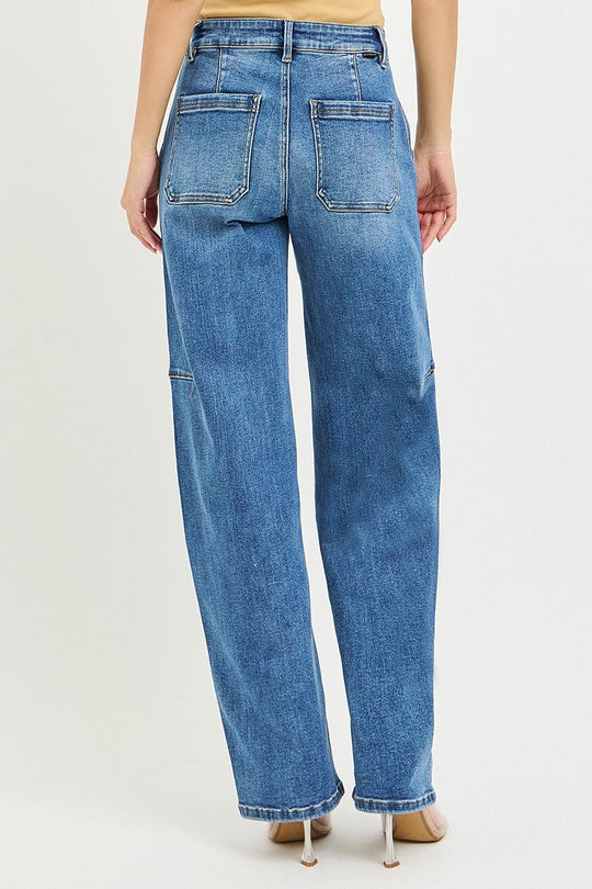 RISEN baggy jeans, medium wash, two patch back pockets and stitched seams