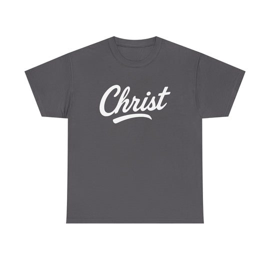 Charcoal unisex T-shirt with "Christ" script graphic on front