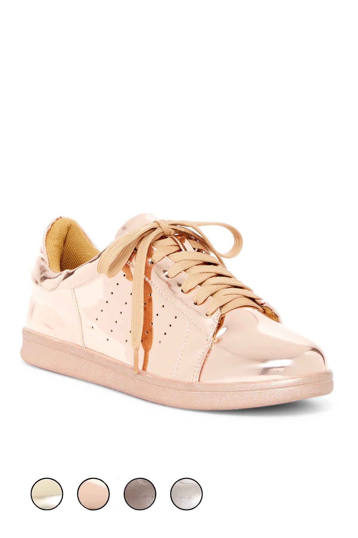 Sneaker mit Schnürung, roséfarbener Lackoptik und goldfarbenem Seitenstreifen
