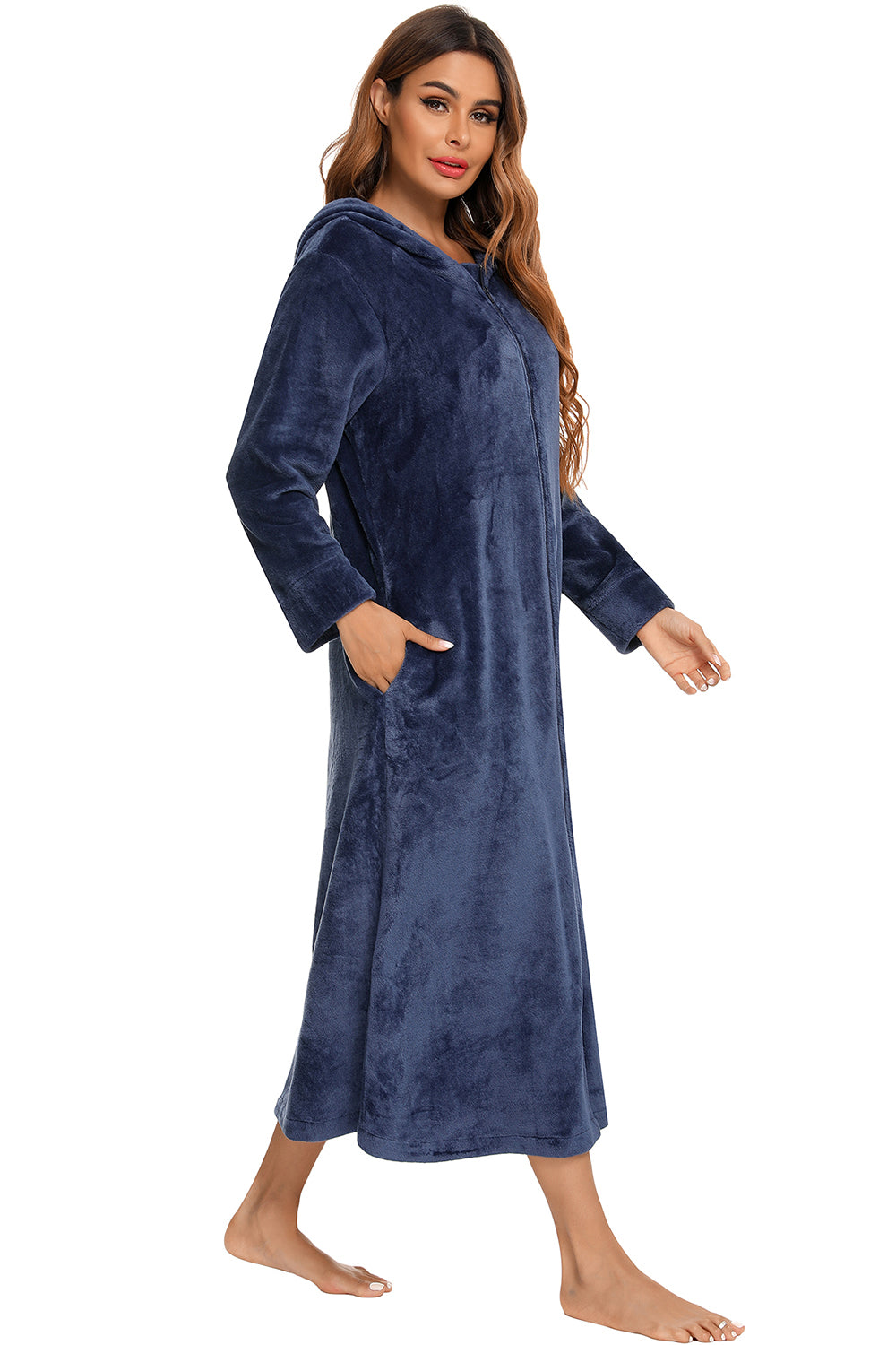 Navy hooded night dress with zip front and side pockets, long sleeves, midi