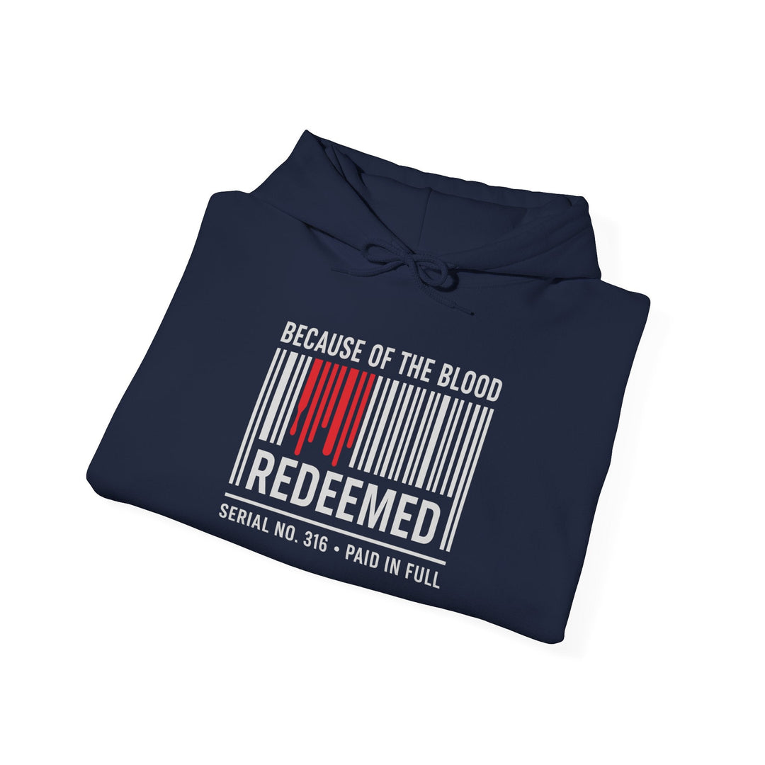 Navy hoodie angled view with chest barcode-style “REDEEMED” graphic and hood drawstring