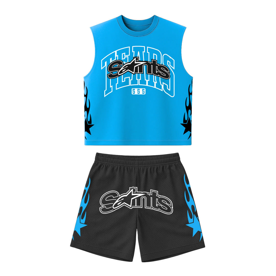 Blue mesh cut-off tank set with white logo and dark gray patterned shorts
