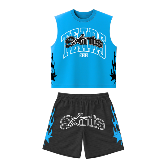 Blue mesh cut-off tank set with white logo and dark gray patterned shorts