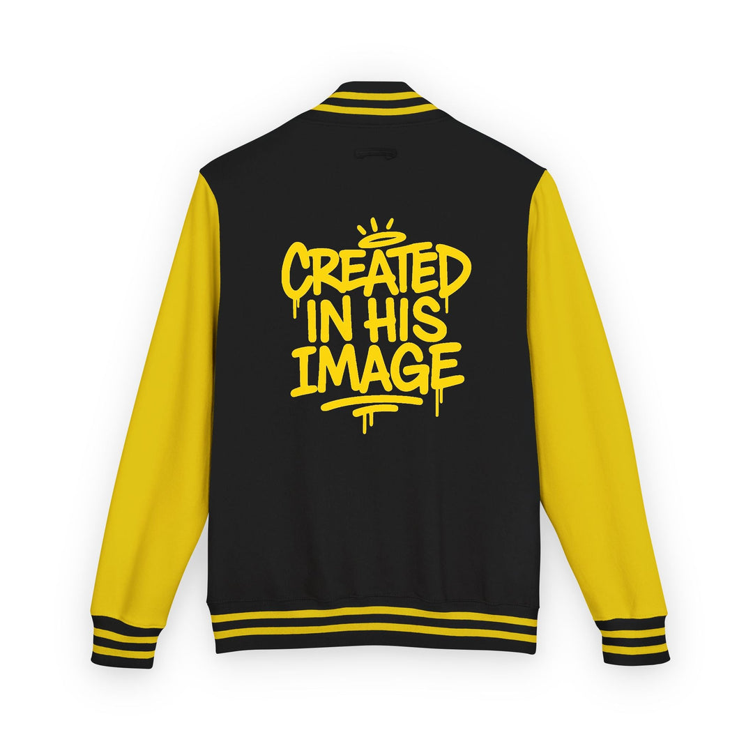 Varsity jacket back view: black body, yellow sleeves, ribbed hem, &