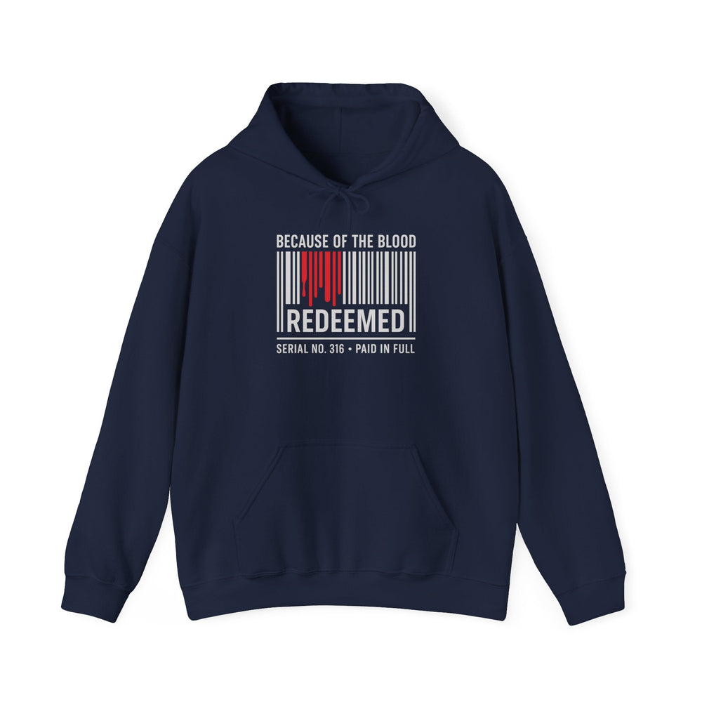 Navy unisex hoodie with “REDEEMED” graphic on chest, hood, and kangaroo pocket