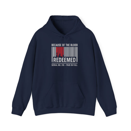 Navy unisex hoodie with “REDEEMED” graphic on chest, hood, and kangaroo pocket