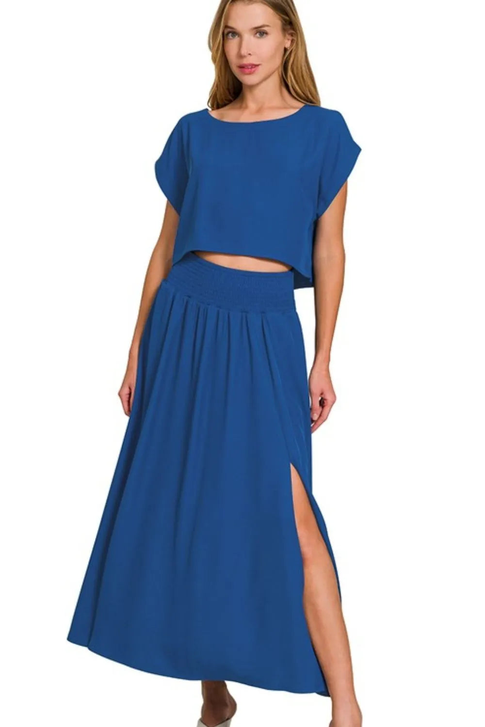 LT NAVY woven crop tee and long skirt set, short sleeves and side slit