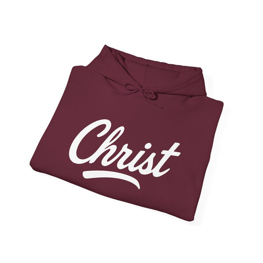 Maroon hoodie with white “Christ” script graphic and drawstring hood