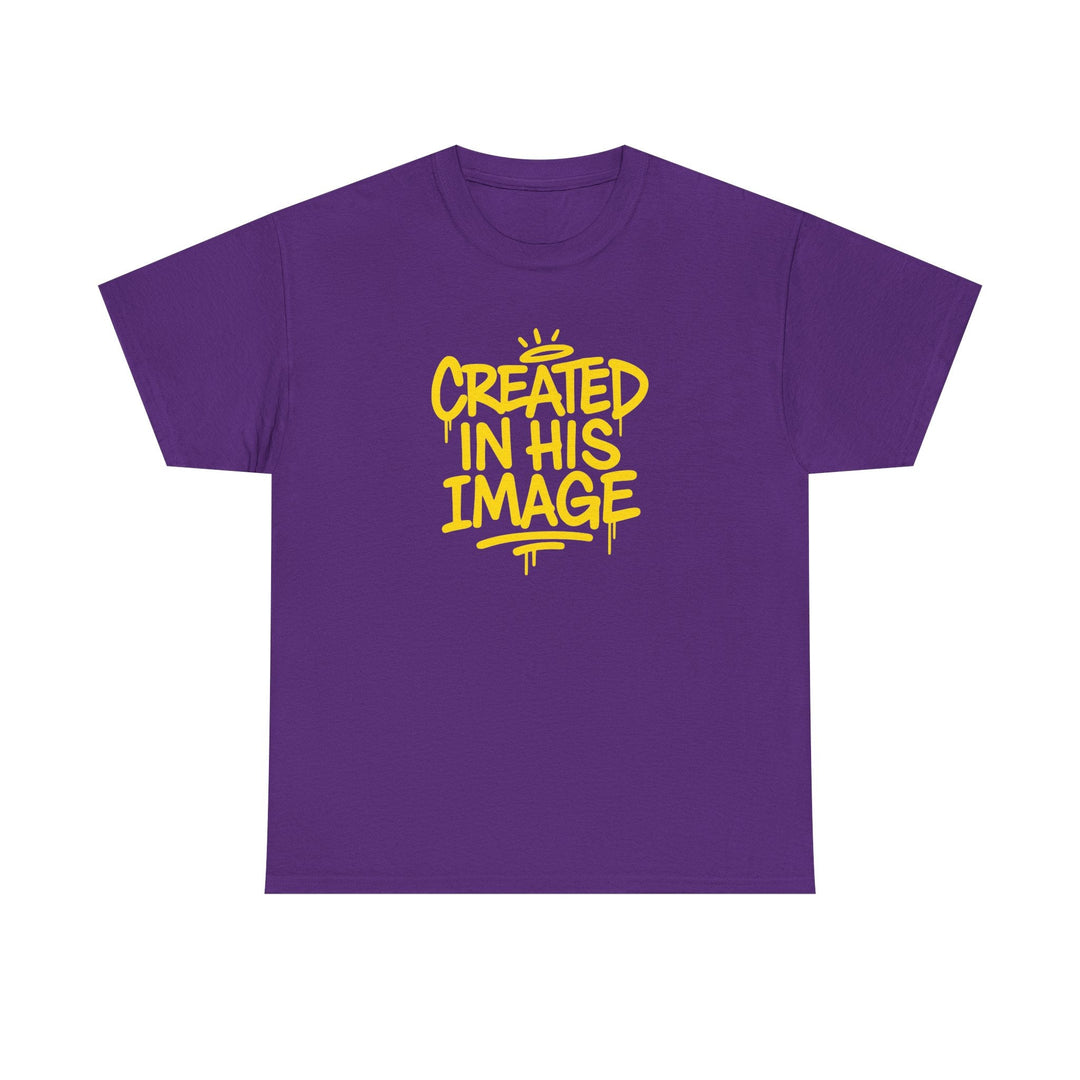 Purple T-shirt with “Created In His Image” yellow graphic
