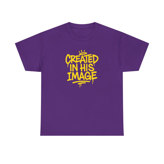 Purple T-shirt with “Created In His Image” yellow graphic