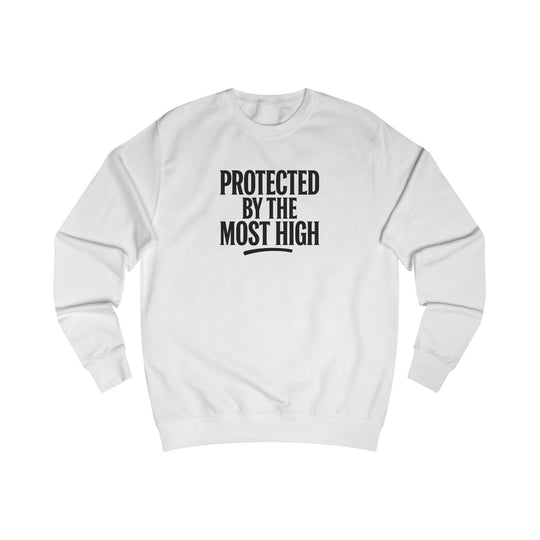 Arctic White crewneck sweatshirt with “Protected By The Most High” front print.