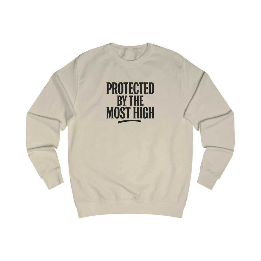Desert Sand crewneck sweatshirt with “Protected By The Most High” front print.