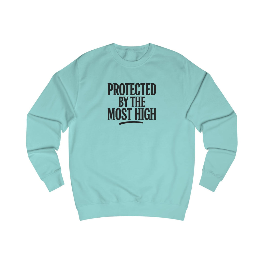 Peppermint teal crewneck sweatshirt with “Protected By The Most High” front print.