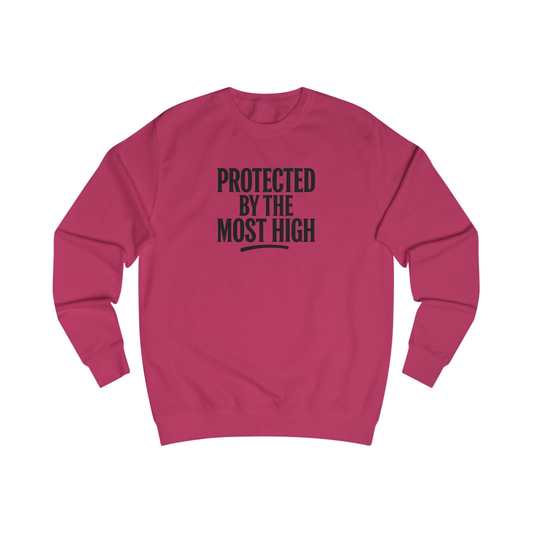 Fire Red crewneck sweatshirt with “Protected By The Most High” front print.