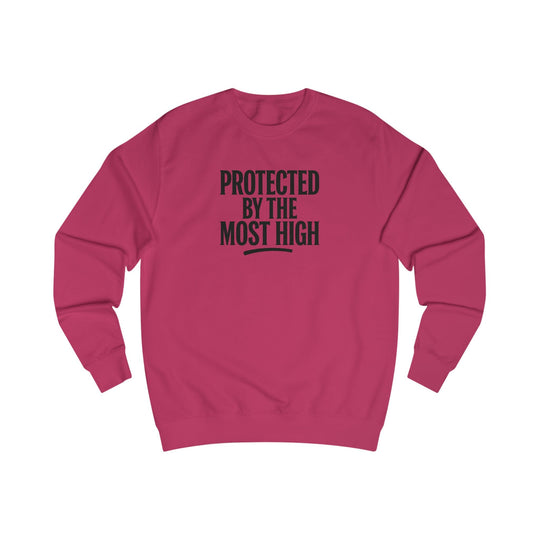 Fire Red crewneck sweatshirt with “Protected By The Most High” front print.