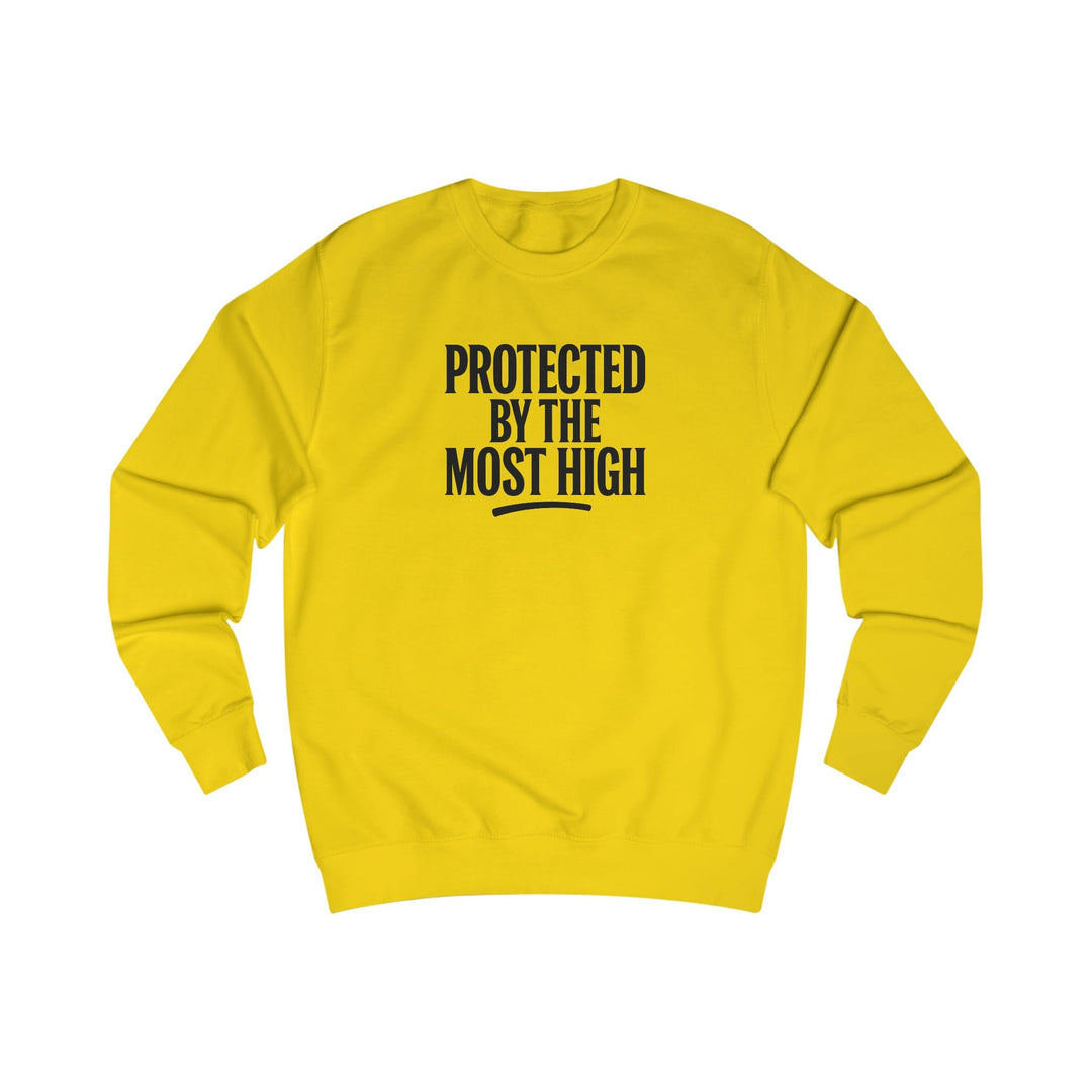 Sun Yellow crewneck sweatshirt with “Protected By The Most High” front print.