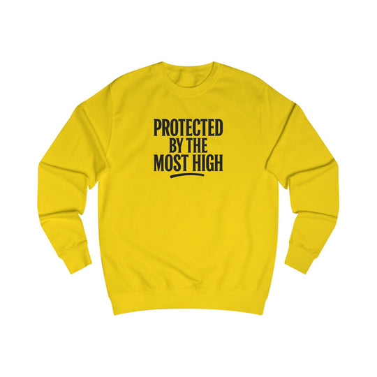 Sun Yellow crewneck sweatshirt with “Protected By The Most High” front print.