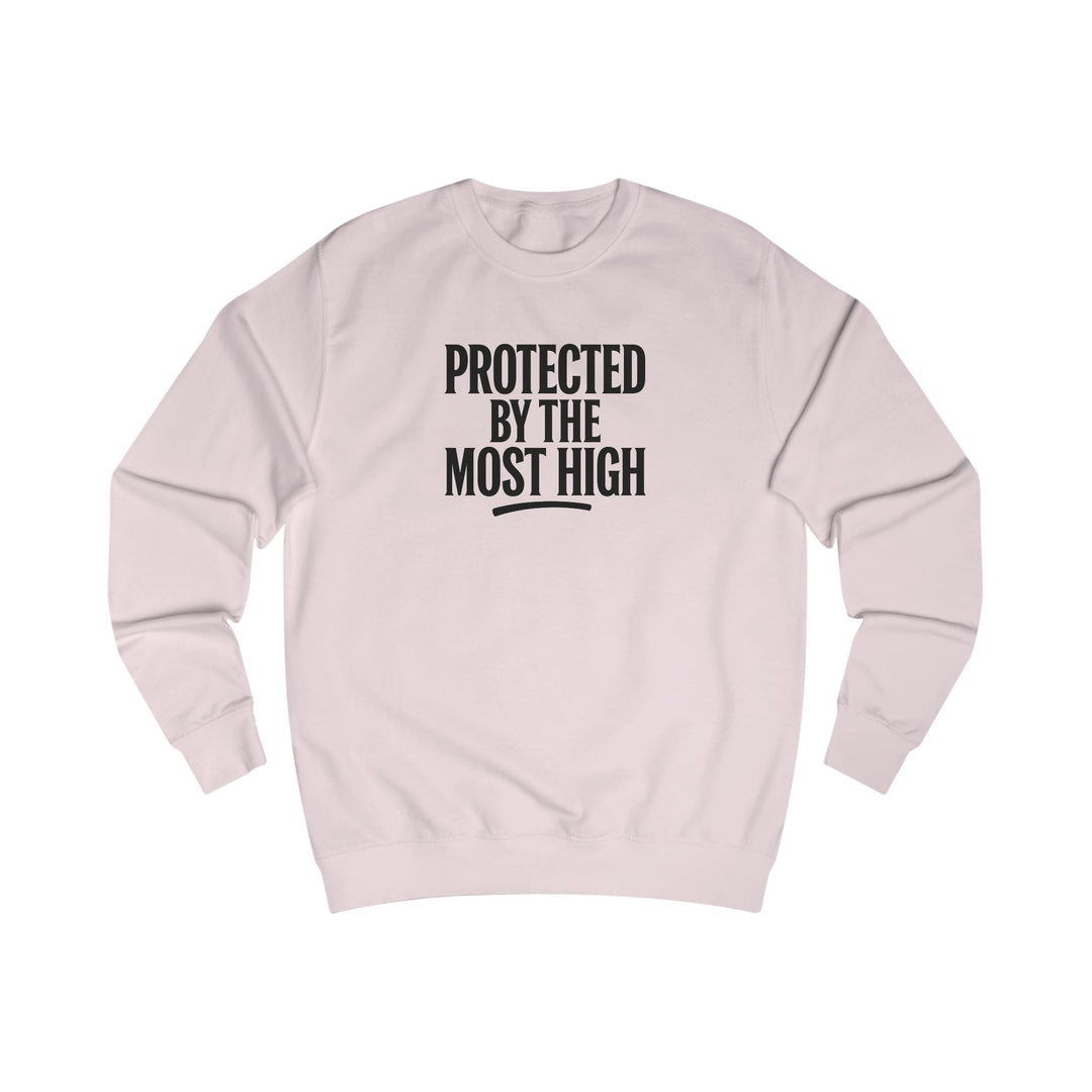 Baby Pink crewneck sweatshirt with “Protected By The Most High” front print.