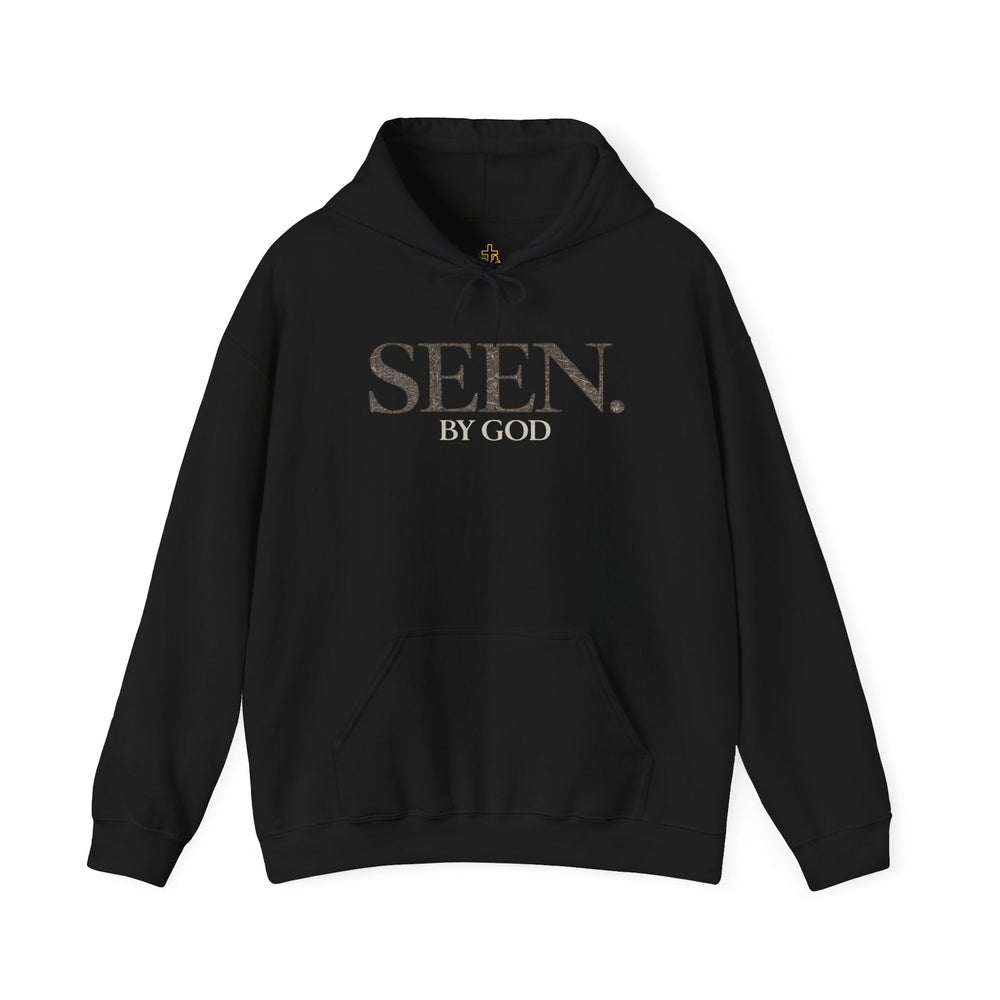 Black hoodie front view with SEEN. by God chest print and drawstring hood
