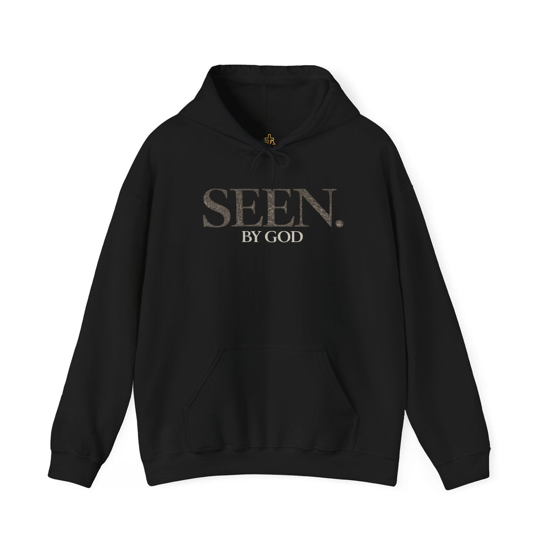 Black hoodie front view with SEEN. by God chest print and drawstring hood