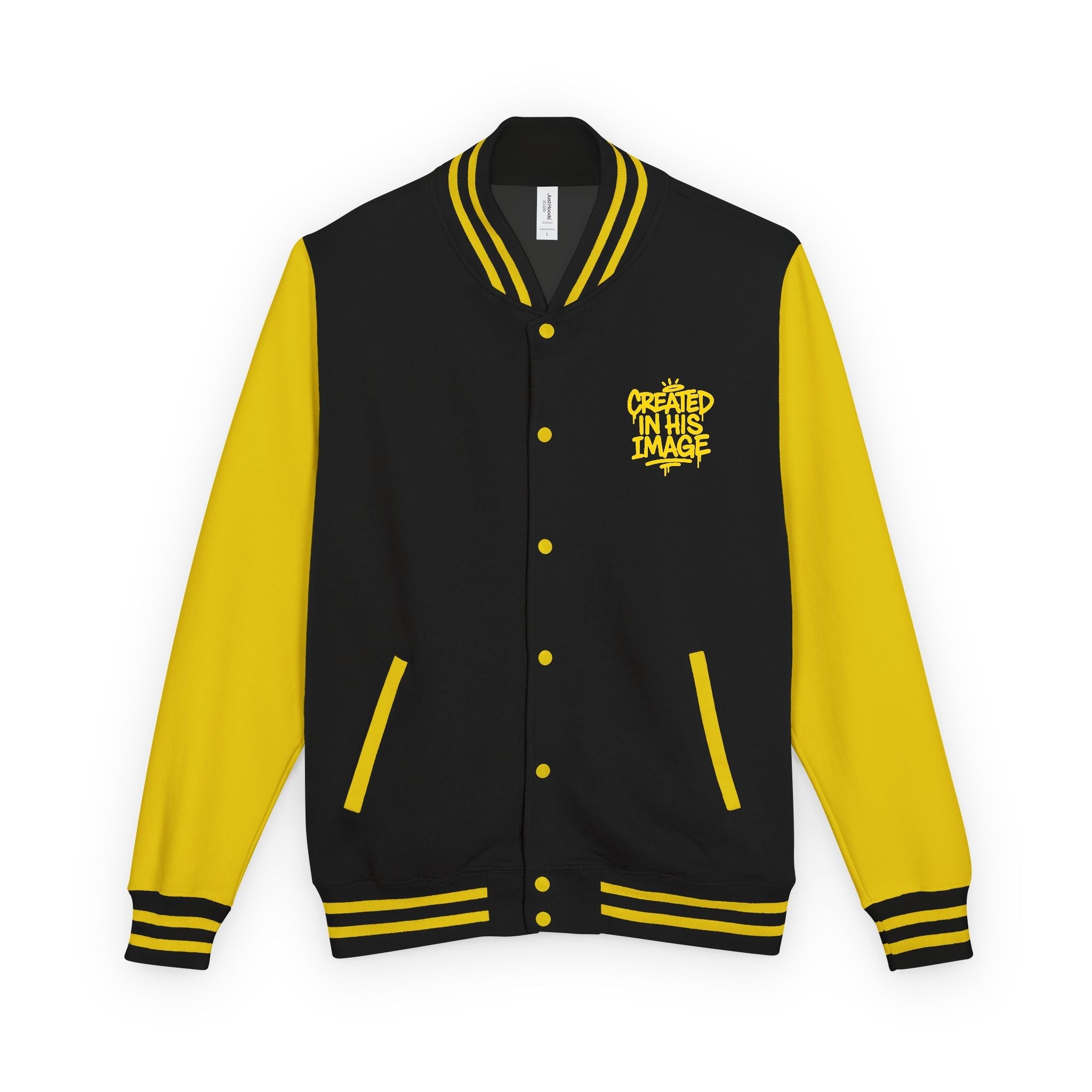 Created In His Image Varsity Jacket: black body, yellow sleeves, button front, logo