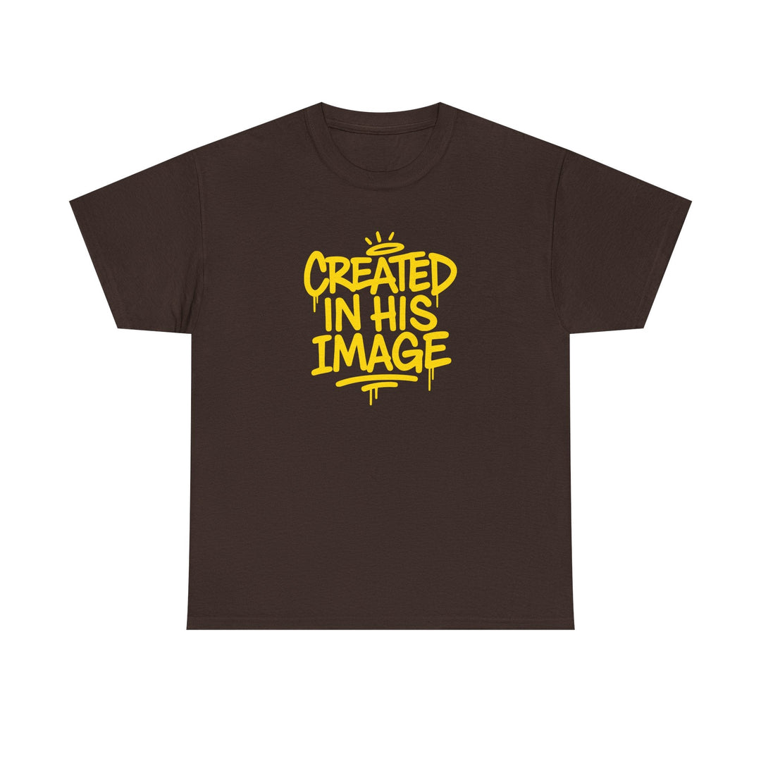 Dark chocolate T-shirt with “Created In His Image” yellow graphic
