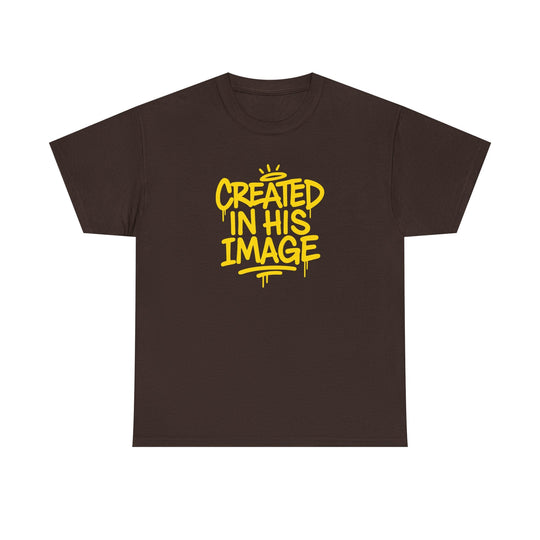 Dark chocolate T-shirt with “Created In His Image” yellow graphic