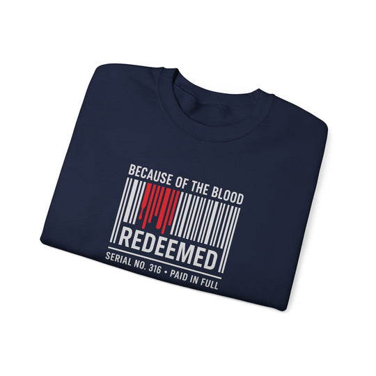 Unisex navy crewneck sweatshirt front graphic: “REDEEMED” barcode with red drips