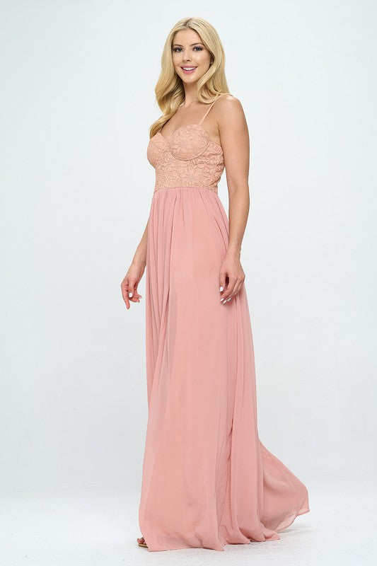Peach sleeveless maxi dress with lace bustier bodice and flowing pleated skirt