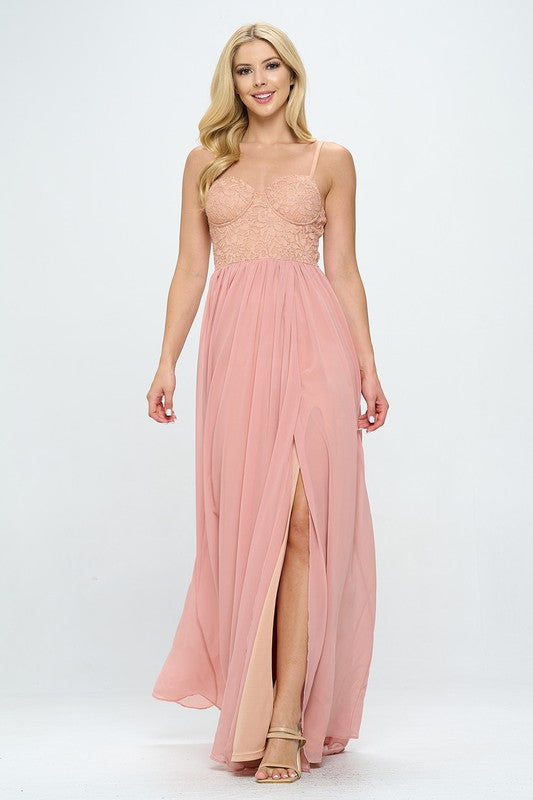Peach lace bustier floor-length maxi dress, draped skirt with front slit
