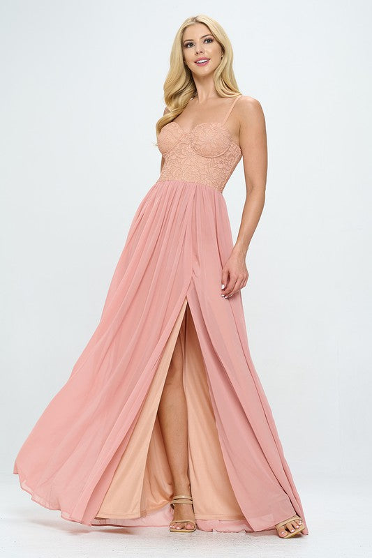 Peach lace bustier maxi dress, pleated chiffon skirt with front slit