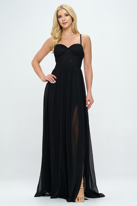 Denim black lace bustier maxi dress front view with side slit and straps