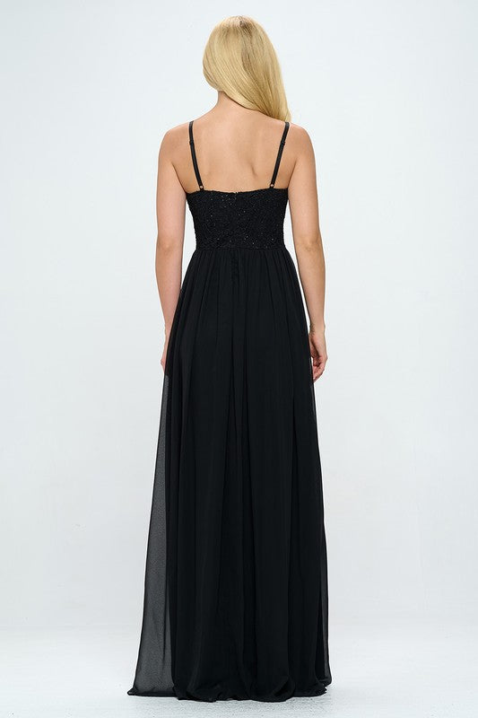 Denim black back view maxi dress with lace bustier and thin spaghetti straps