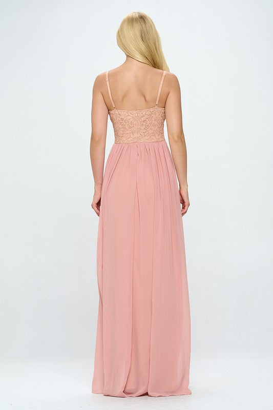 Peach back view maxi dress with lace bustier and thin spaghetti straps