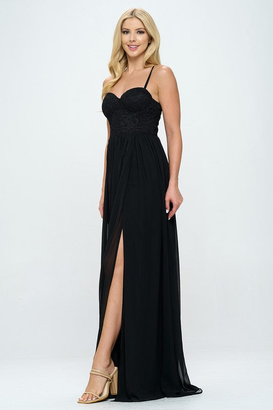 Denim black lace bustier maxi dress with sweetheart neckline and front slit