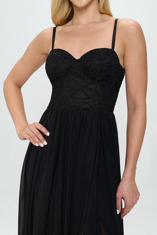 Denim black lace bustier bodice with sweetheart neckline and gathered waist