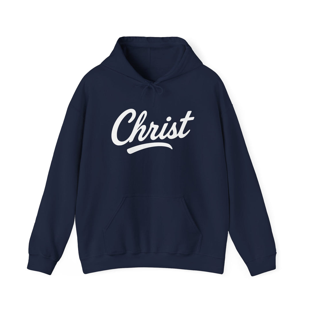 Unisex navy hoodie with hood and drawstrings, white “Christ” graphic on front