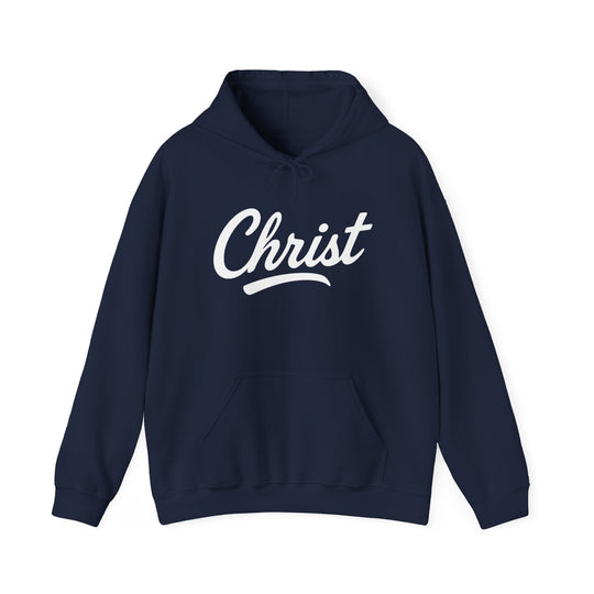 Unisex navy hoodie with hood and drawstrings, white “Christ” graphic on front