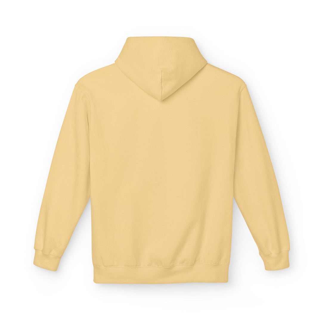 Light yellow hoodie with front hood and kangaroo pocket, relaxed pullover fit.