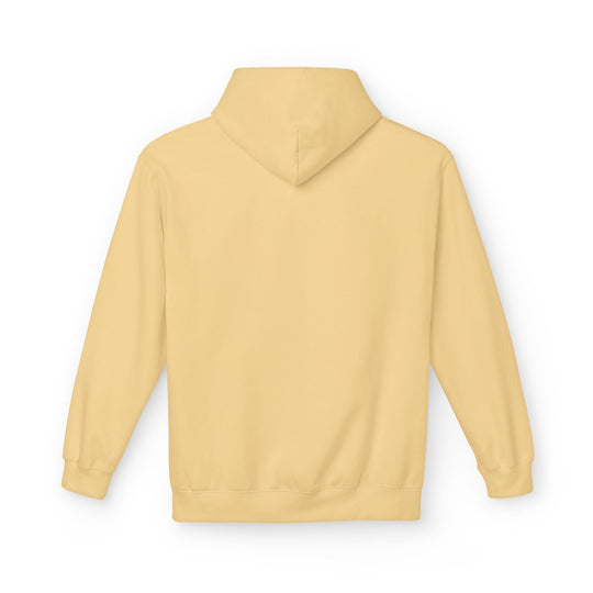 Light yellow hoodie with front hood and kangaroo pocket, relaxed pullover fit.