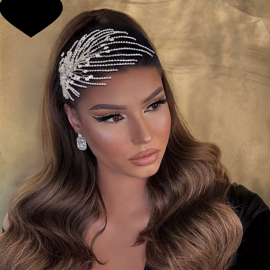 Silver rhinestone tiara headband on model, fan design with crystal accents
