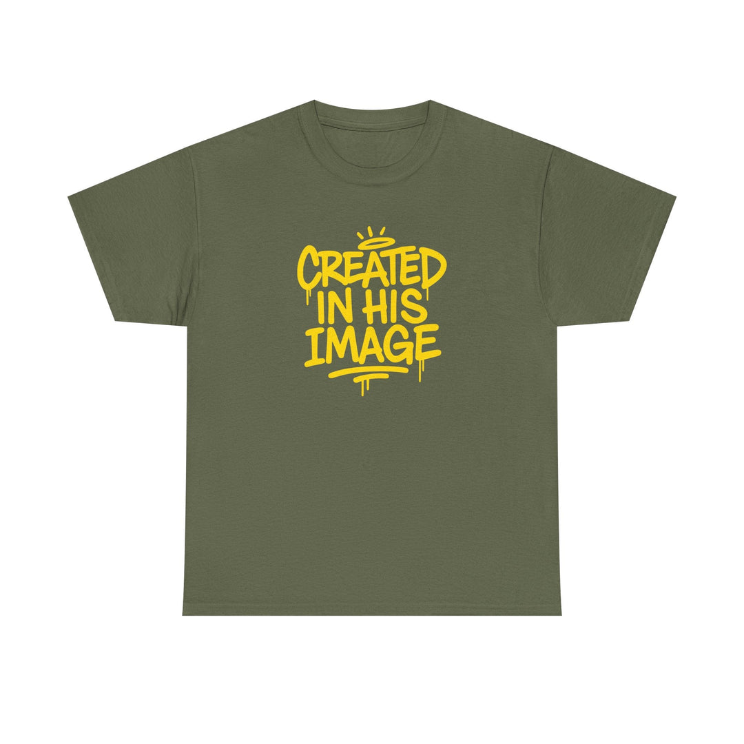 Forest green T-shirt with “Created In His Image” yellow graphic