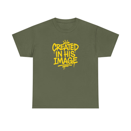 Forest green T-shirt with “Created In His Image” yellow graphic